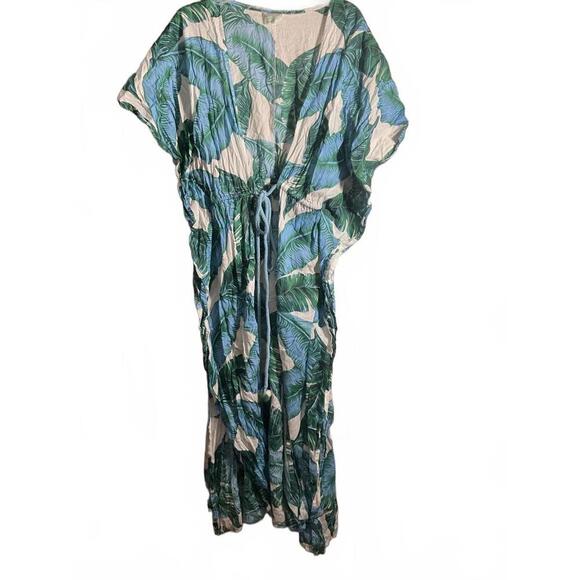 Dresses & Skirts - True Destinations Tropical Print Kaftan Dress with Tie Large
